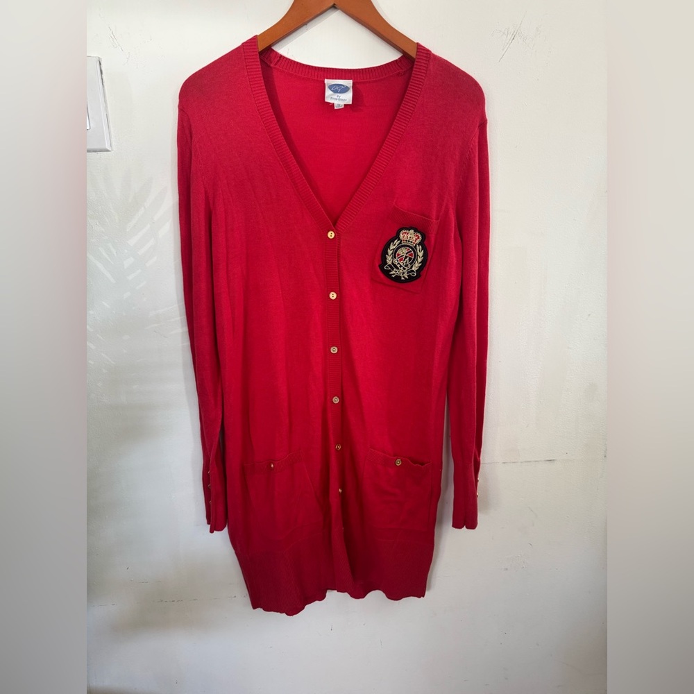 DG2 by Diane Gilman Red Long V-Neck Cardigan with Crest Patch